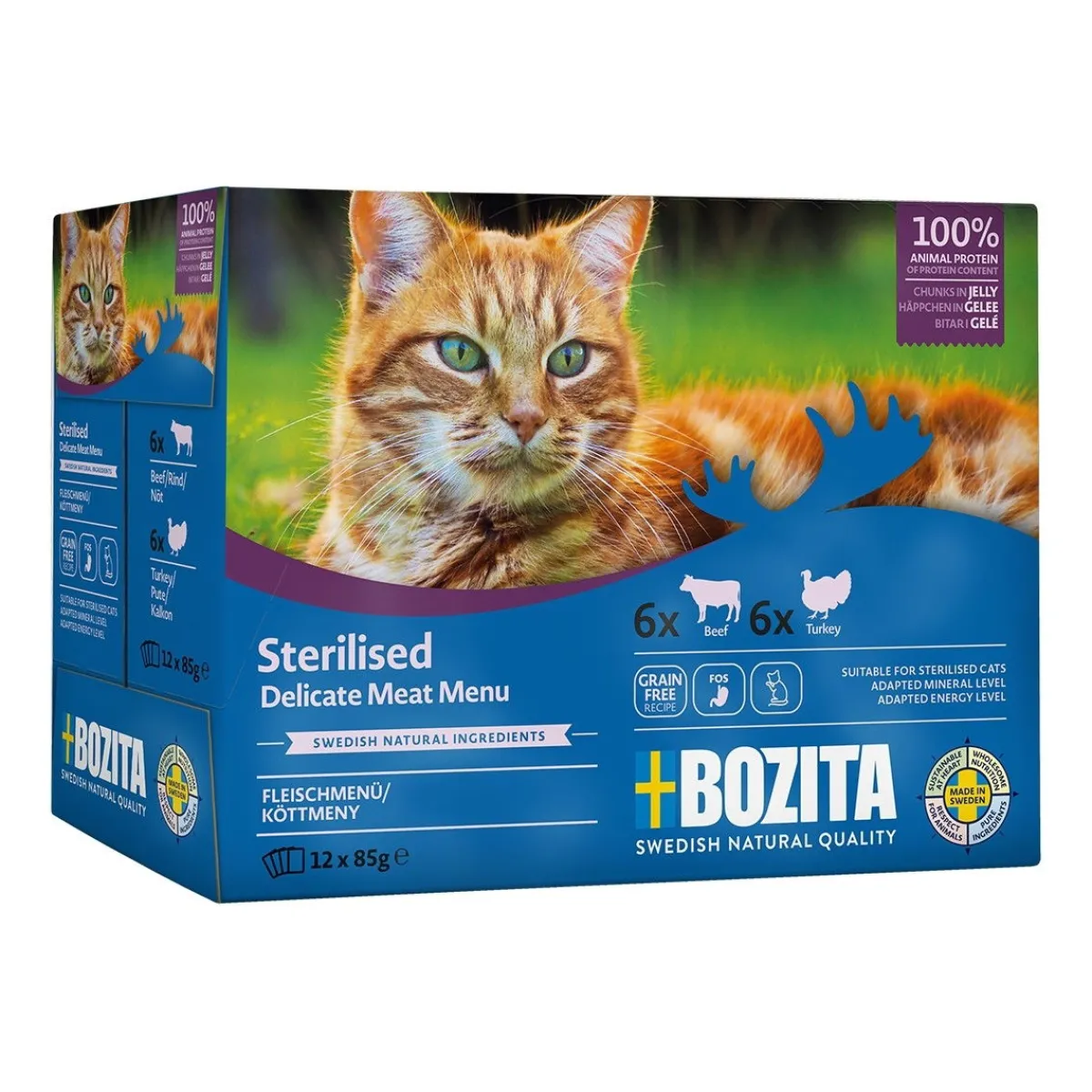 Bozita Kissan Märkäruoka|Viljaton Kissanruoka*Indoor & Sterilised lihalajitelma hyytelössä 12x85 g